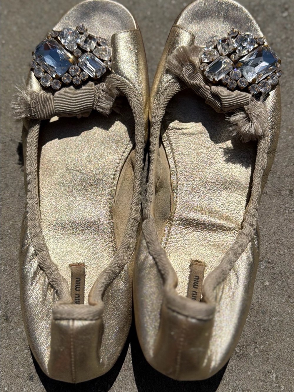 Miu Miu Metallic Gold Jeweled Bow Ballet Flats